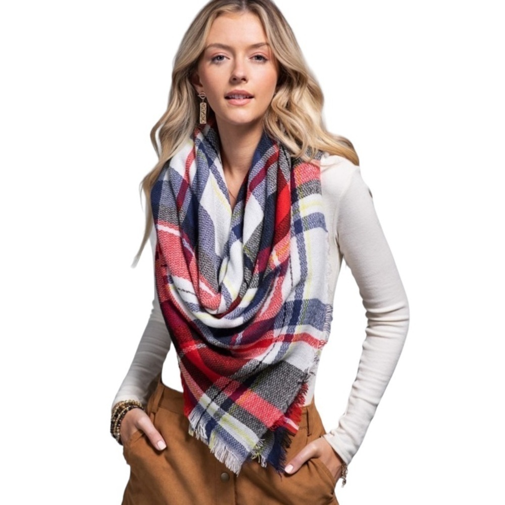 NWT Plaid Oversized Red White Blue Frayed Edge Blanket Scarf
